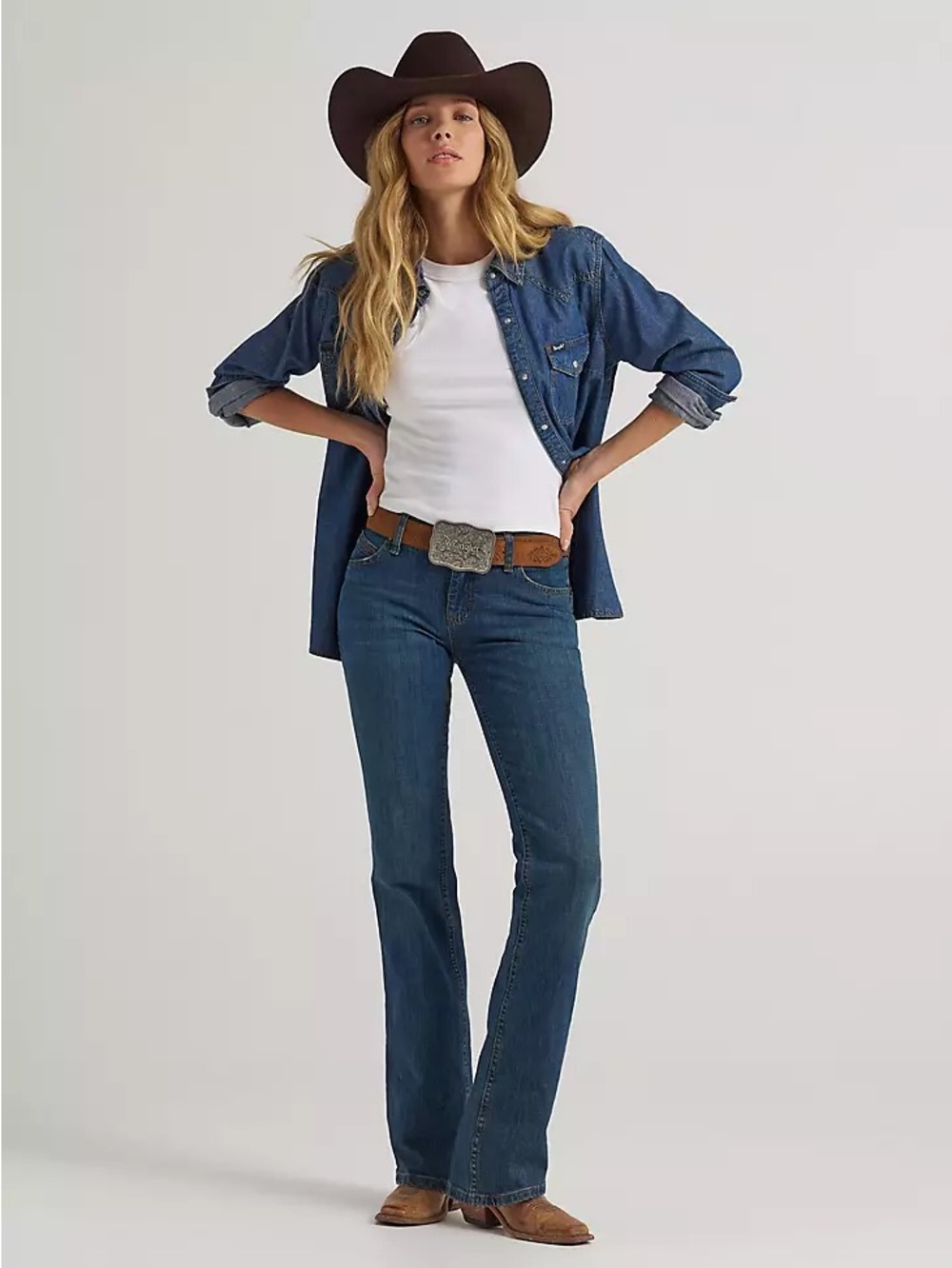 Wrangler | Women's Dark Blue Bootcut Q-Baby Western White Stitch Jeans 3/4 x 32